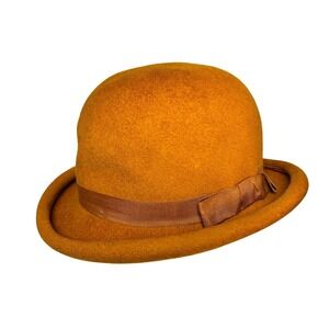 Vintage Union Made Wool Felt Bowler Derby Hat Burnt Orange Grosgrain Ribbon Bow